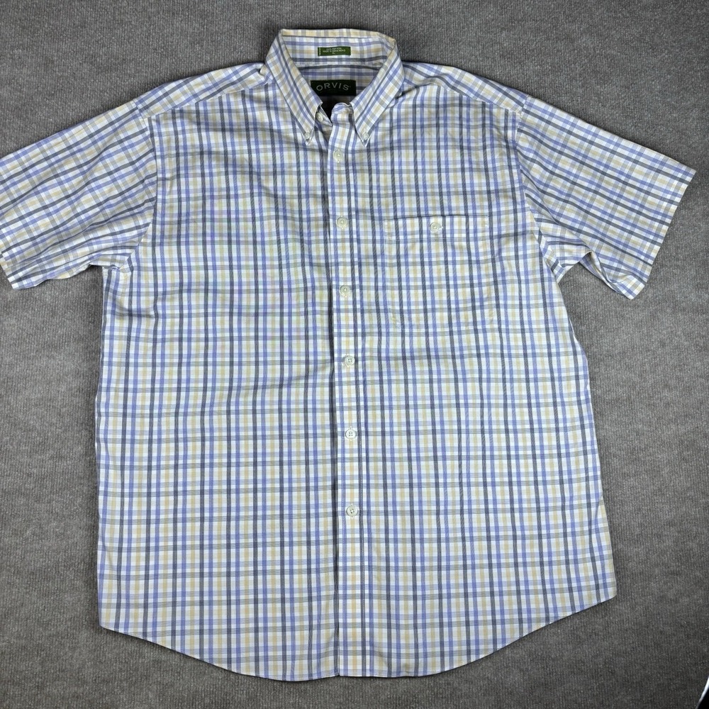 Orvis Mens XL Plaid Yellow/Blue Button Front Shirt Short Sleeve 100% Cotton